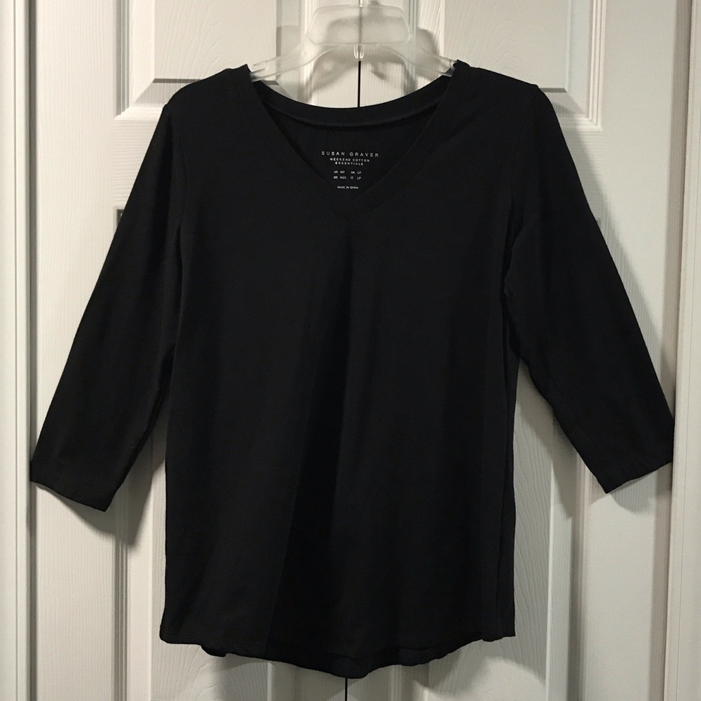 Susan Graver Classic Black V-Neck Three Quarter Sleeve Top